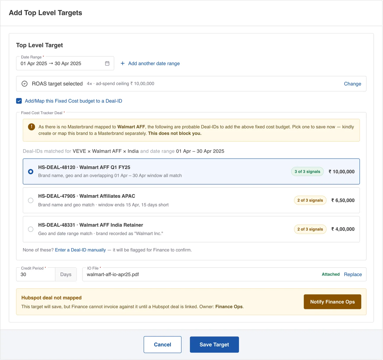 Deal-ID step with a does-not-block notice and three likely matches.