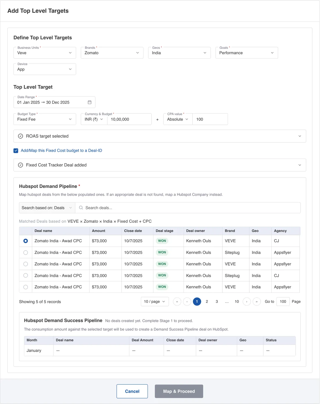 Hubspot Demand Pipeline inside the create-target flow, with the match criteria printed above the table.