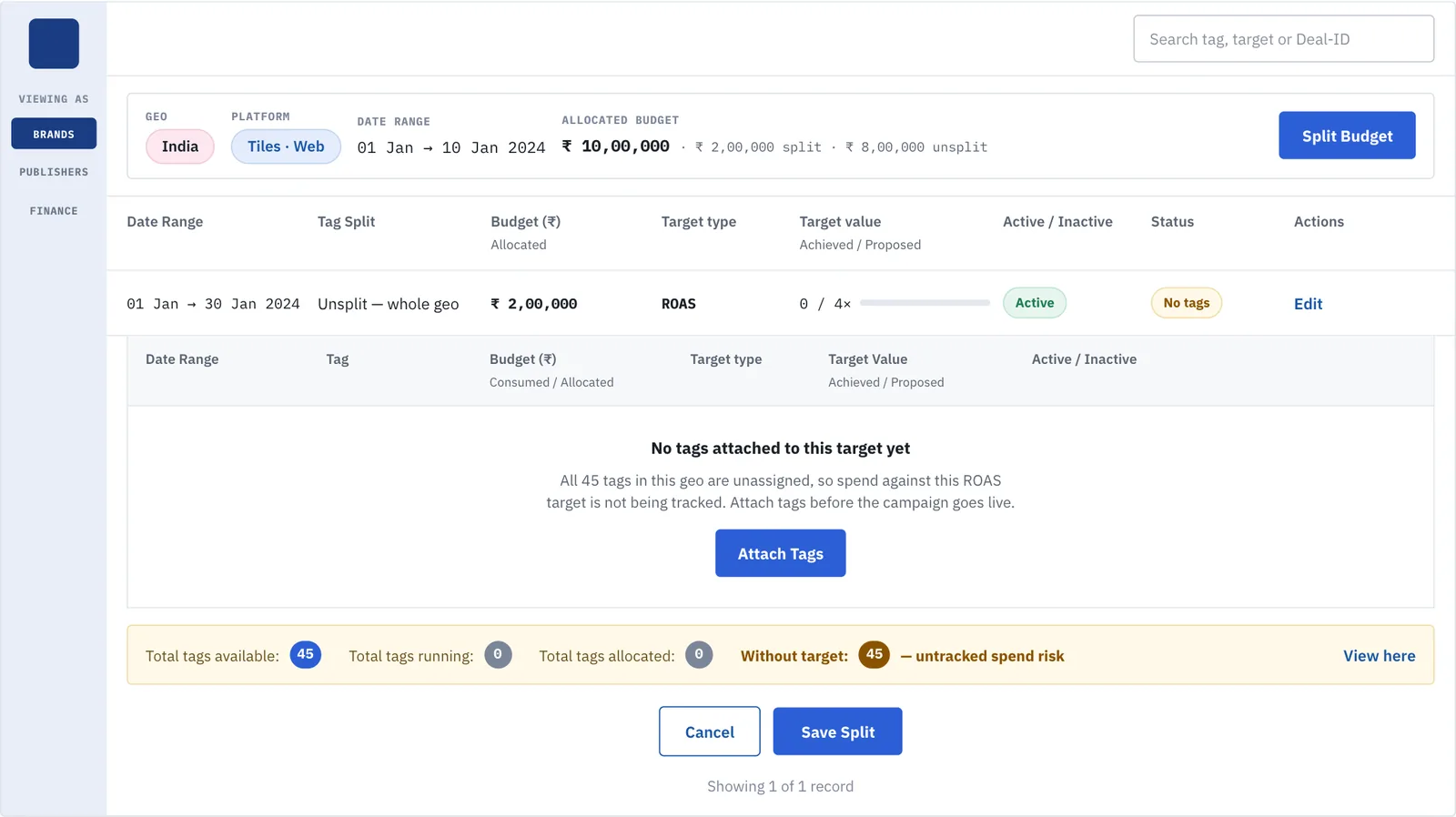 Tag inventory with an empty state and a counter row that leads with tags without a target.