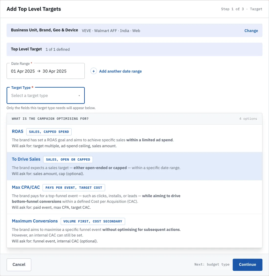 Target type step: four options, each naming the fields it will ask for.