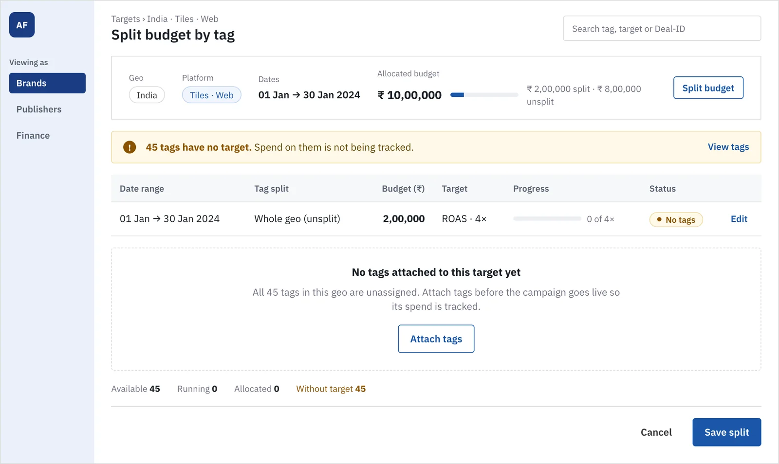 Split budget by tag. One alert says 45 tags have no target, with a View tags link. A progress bar shows how much budget is split. An empty state offers Attach tags.